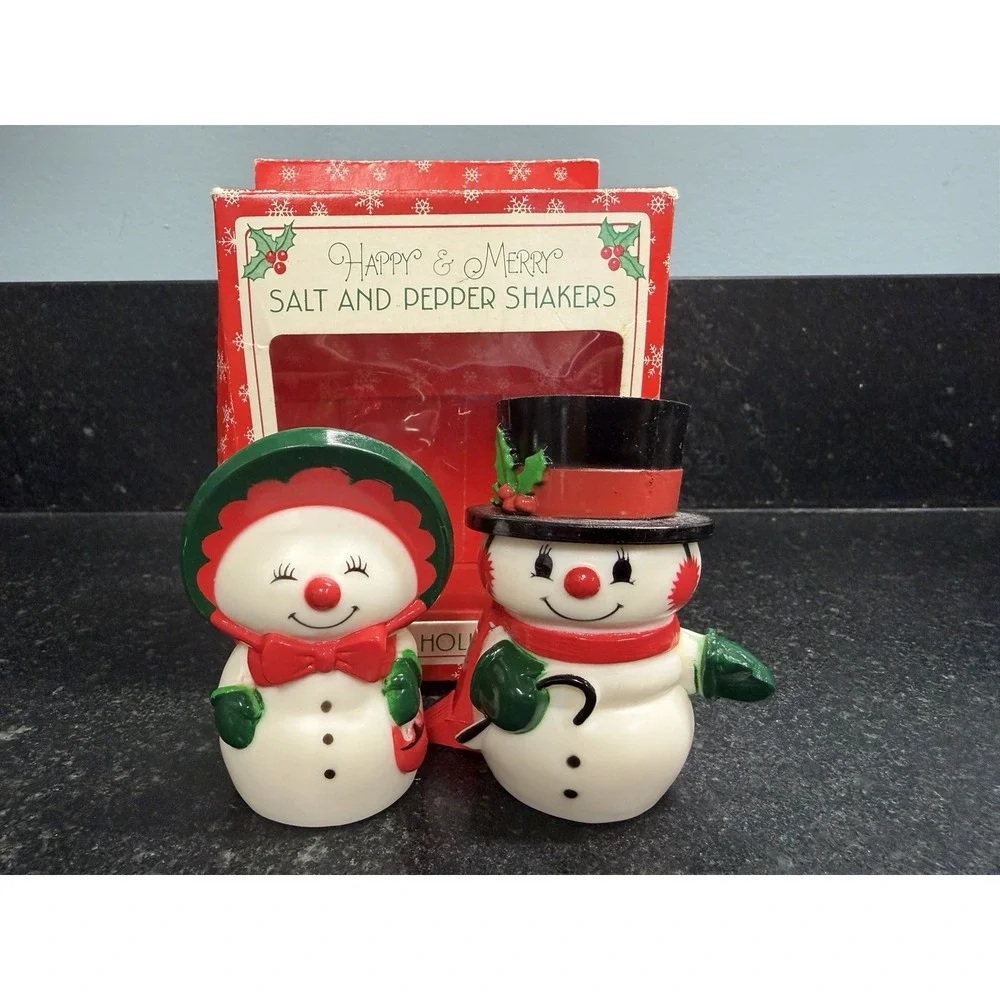 Hallmark Happy & Merry Snowman Salt Pepper Shakers NOS Original Box 3